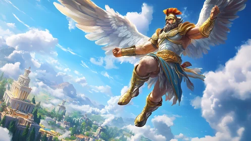 Winged mythic guardian soars above sunlit classical polis