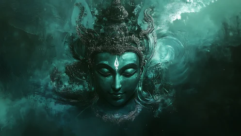 Emerald ethereal deity portrait in turbulent digital mist.