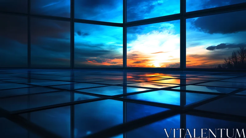 Glass interior with reflective grid floor and sunset sky view.