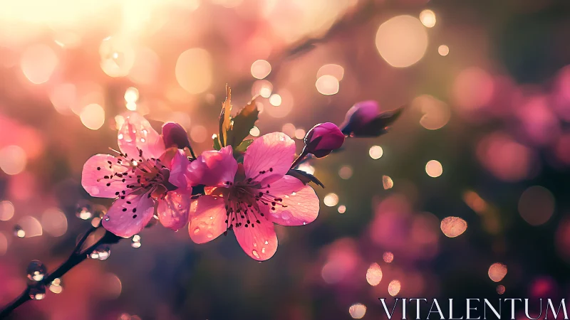 Pink blossoms dance in golden light. Ethereal.