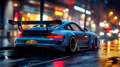 Midnight turbo coupé prowls through neon-soaked rain streets