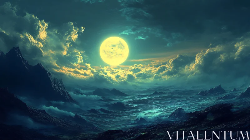 Large luminous moon illuminates rugged ocean landscape