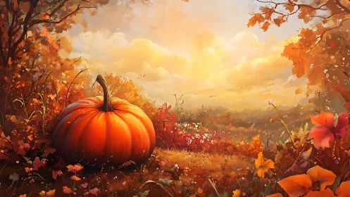 Autumn landscape with oversized pumpkin under glowing sunset sky