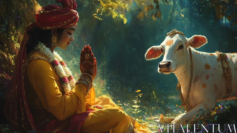 Human figure in yellow attire seated before adorned cow.