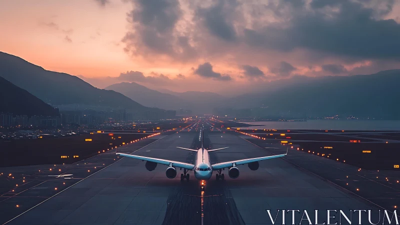 Twilight runway lines up a patient jet beneath glowing clouds