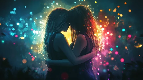 Two figures embracing amid luminous particle effects and neon bokeh