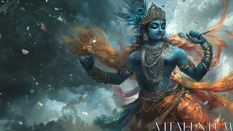 Blue deity figure with flute in swirling ornate garments.