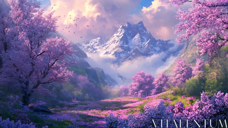 Pink spring valley below snowy mountain peaks at sunrise