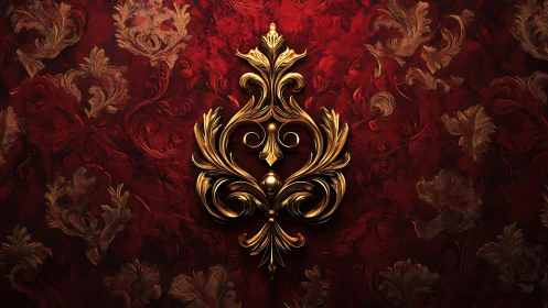 Baroque gold scrollwork ornament anchors ornate red damask field