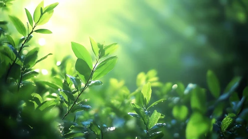 Lush green leaves in sunlight, nature photography with soft focus.