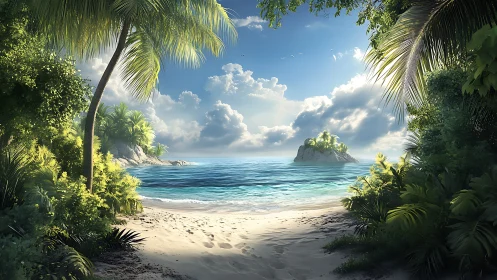 Tropical Island Beach Landscape with Palm Trees and Rocky Outcrop