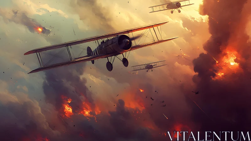 World War biplanes cut diagonally through incendiary cloud banks