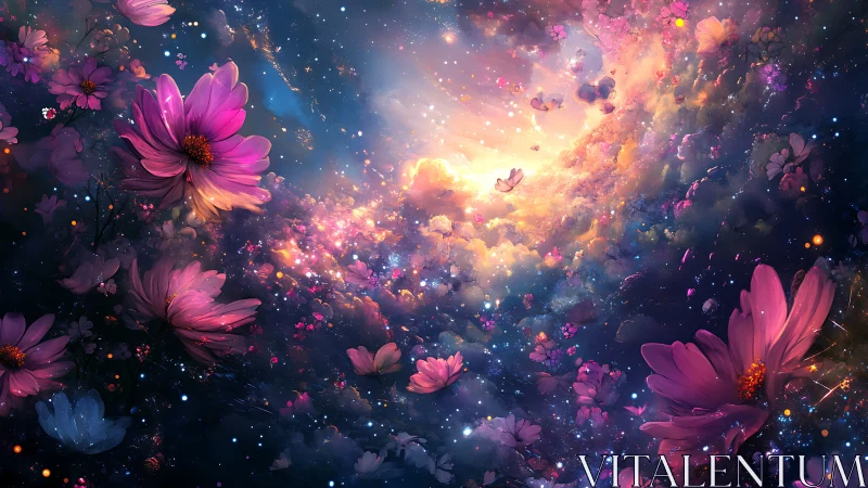 Nebula-lit magenta blossoms swirl toward a luminous cosmic vortex