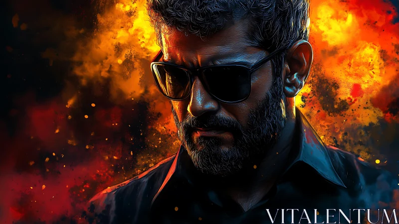 Bearded man in sunglasses against intense fire background.