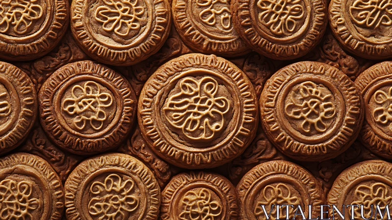 Golden cookie mandala rows with swirling caramel patterns.