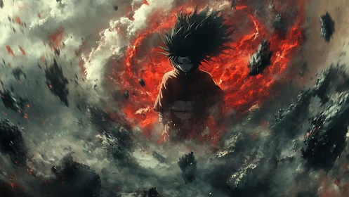 Dark cloaked warrior amid fiery storm and falling debris.