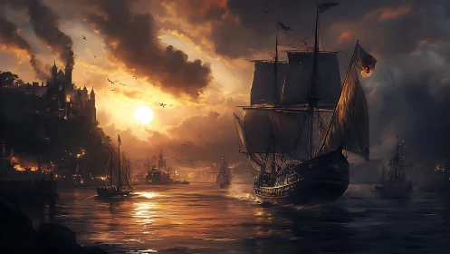 Sunlit galleon departs fortified harbor under dramatic volumetric clouds