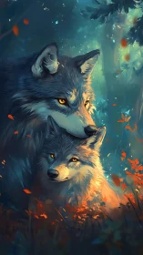 Gentle wolf guardians share a quiet moment in glowing woods