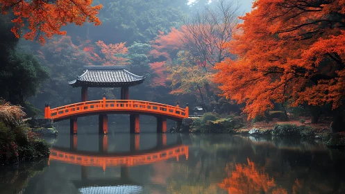 Crimson bridge hushes the misty autumn garden into stillness