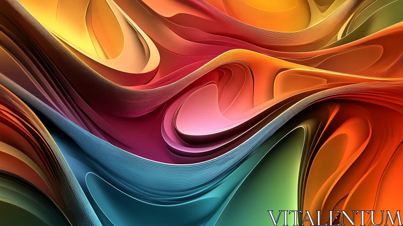 Curved multicolor ribbons form layered flowing abstract landscape