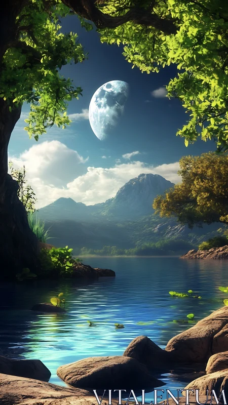 Forest-framed lake with distant mountains and large moon.