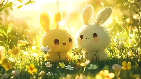 Cute bunny characters in glowing flower meadow at sunset.
