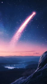 Meteor streaks across twilight sky above layered landscape