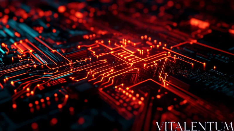 Luminous red PCB traces depict high-density data routing network