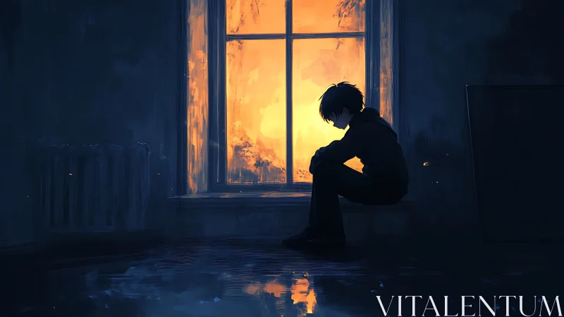 Backlit silhouette of pensive youth at incendiary windowscape.