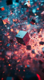 Geometric cubes and particles are suspended in colored space