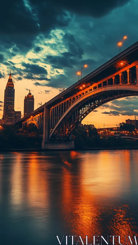 Urban river bridge at dusk with vivid reflections glowing.