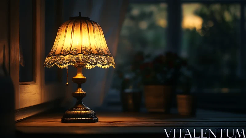 Vintage lace table lamp glowing in twilight interior.