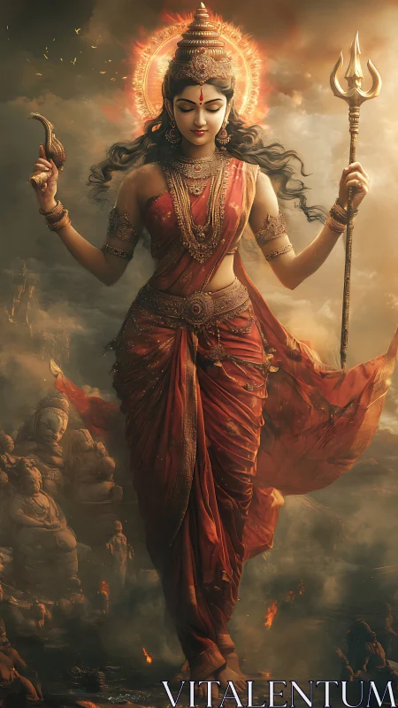 Hindu goddess figure in red sari holding trident in smoke.