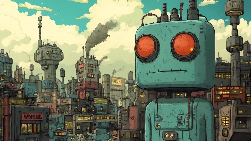 Large blue robot in dense retro-futuristic industrial cityscape.