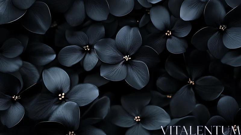 Dark blue hydrangea blossoms with metallic stamen centers.