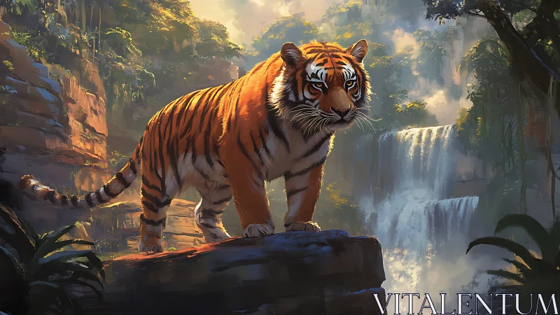 Regal jungle tiger pauses on a sunlit cliff above waterfalls