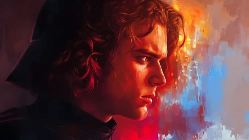 Brooding space warrior carved in molten dusk and neon fire.