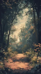 Forest Pathway with Atmospheric Light Filtering Through Canopy