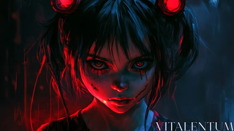 Neon-lit haunted girl stares with glowing, unsettling eyes.