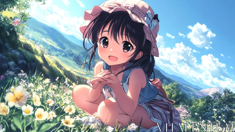 Anime child in summer meadow with distant mountain range.