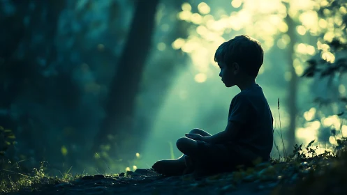 Young child sits in tranquil forest glow at blue dusk