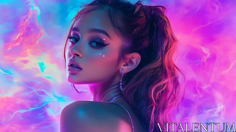 Dreamy neon portrait glows with soft cosmic color light