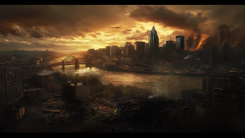 Post-apocalyptic riverside city skyline under burning sunset.