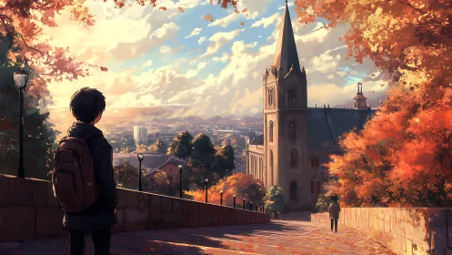 Student observing autumn cityscape with church tower.