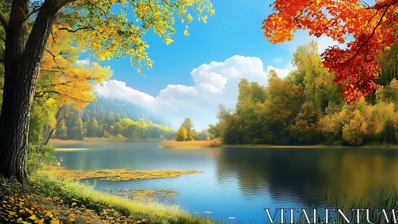Autumn trees around calm forest lake under clear sky.
