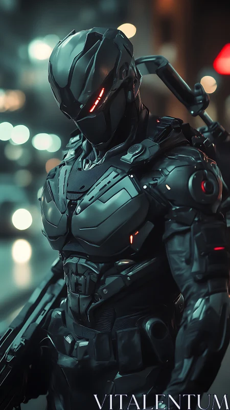 Midnight cyber-sentinel strolling through neon city streets.