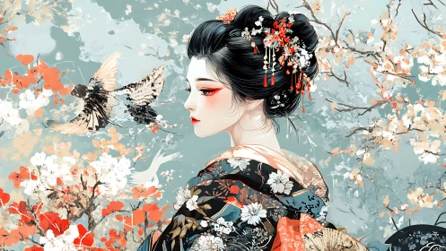 Profile of kimono clad woman with birds and blossoms.