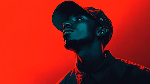 Side-lit portrait isolates blue figure against vivid red field