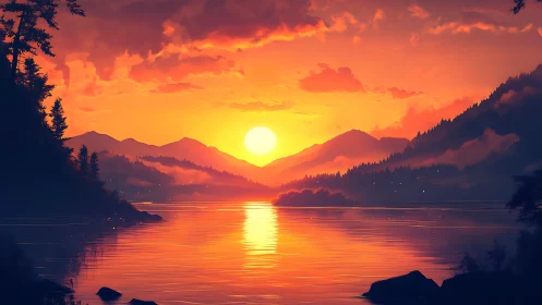 Sunset over calm lake between layered forested hills.