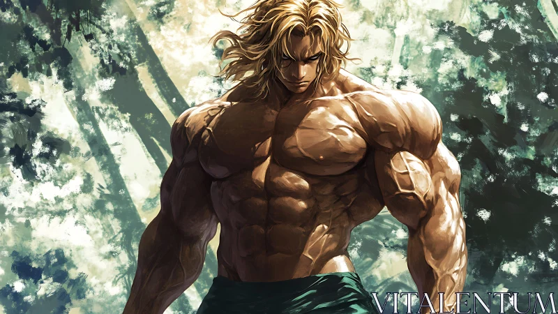 Muscular blonde warrior under fragmented forest light study.